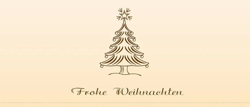 Ein beigefarbener Hintergrund mit einem Weihnachtsbaum-Design und dem Text Frohe Weihnachten.