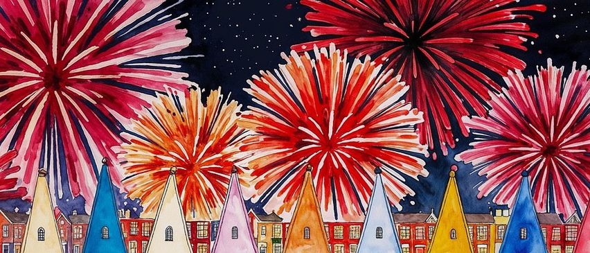 Ein Aquarellbild zeigt eine Reihe bunter Häuser mit spitzen Dächern und Türen. Über ihnen explodieren Feuerwerke, die leuchtende rote und orange Muster am Himmel erzeugen.