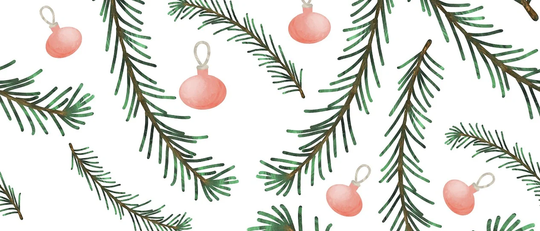 Ein Aquarellmuster mit Tannenzweigen und rosa Weihnachtskugeln auf weißem Hintergrund.