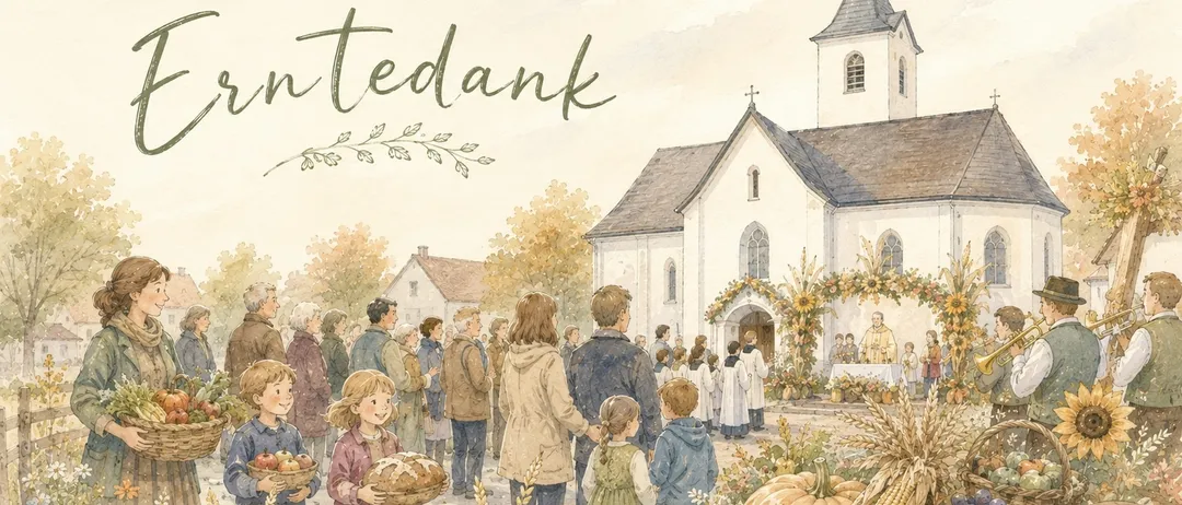 Eine Aquarellmalerei zeigt eine Kirche mit einer Menschenmenge, die sich draußen versammelt hat und Körbe mit Obst und Gemüse hält. Die Kirche ist mit Kürbissen und Blumen geschmückt.