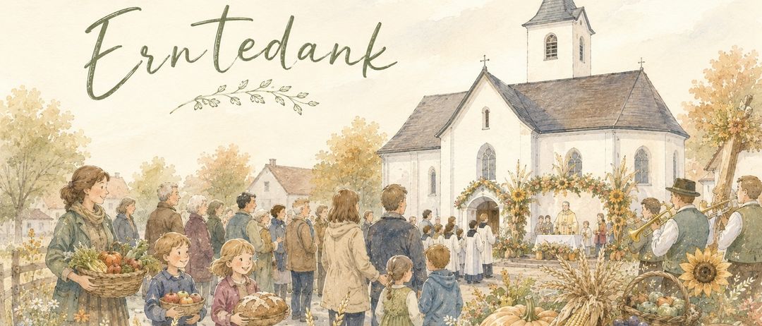 Eine Aquarellmalerei zeigt eine Kirche mit einer Menschenmenge, die sich draußen versammelt hat und Körbe mit Obst und Gemüse hält. Die Kirche ist mit Kürbissen und Blumen geschmückt.