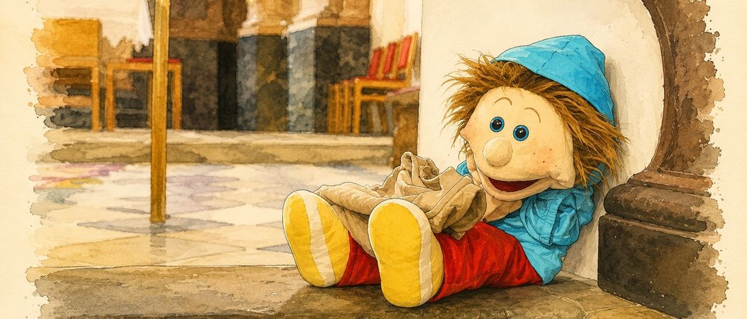 Eine Aquarellmalerei einer Puppe, die mit einem blauen Hut, roten Hosen und gelben Schuhen auf einer Stufe sitzt. Dahinter ist ein verschwommener Hintergrund mit Stühlen und einer Wand.