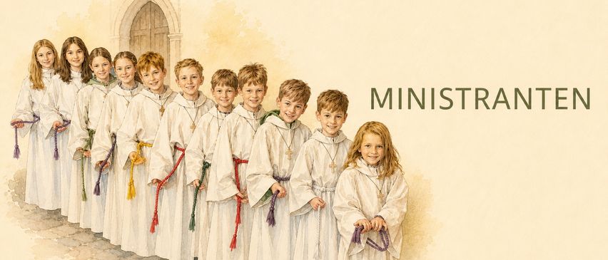 Eine Gruppe junger Jungen und ein Mädchen, alle in weißen Gewändern gekleidet und Rosenkränze haltend, stehen in einer Reihe vor einer Kirche. Das Wort 'MINIST' steht in Grün oben.