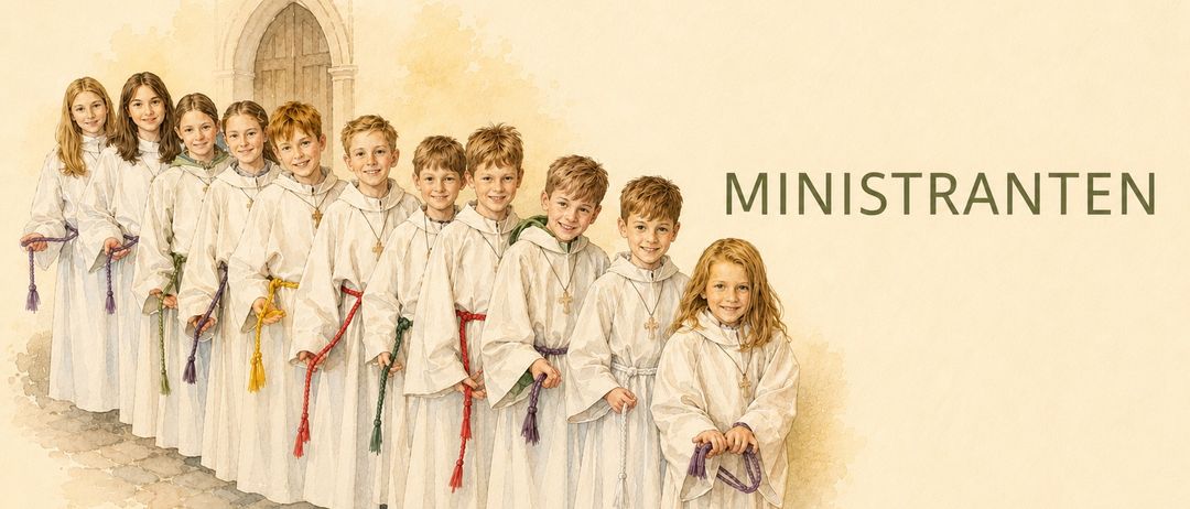 Eine Gruppe junger Jungen und ein Mädchen, alle in weißen Gewändern gekleidet und Rosenkränze haltend, stehen in einer Reihe vor einer Kirche. Das Wort 'MINIST' steht in Grün oben.