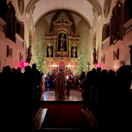 Ein Priester steht im Altarraum einer Kirche, umgeben von Weihnachtsbäumen, Kerzen und einer Menschenmenge im Hintergrund.