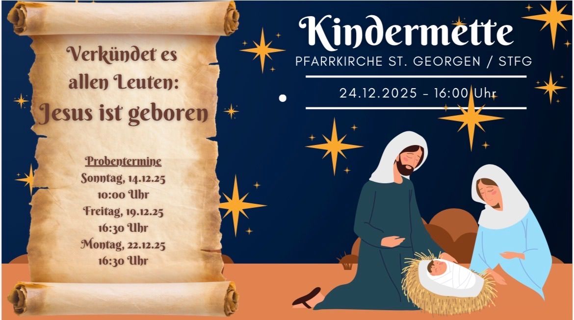 Plakat für eine Weihnachtskrippe. Es zeigt Jesus, Maria und das Baby Jesus, zusammen mit Daten und Zeiten für die Veranstaltung. Das Plakat enthält eine Ankündigung in deutscher Sprache.