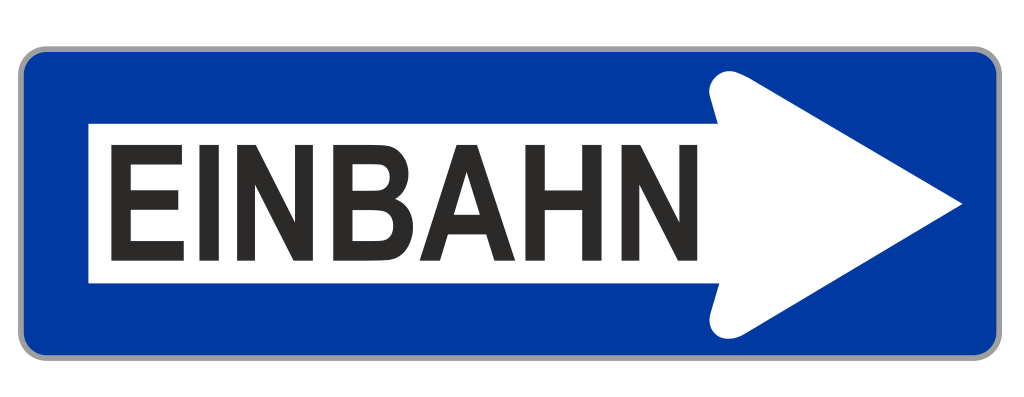 A blue and white sign with a white arrow pointing right and the word Eisenbahn written in black.