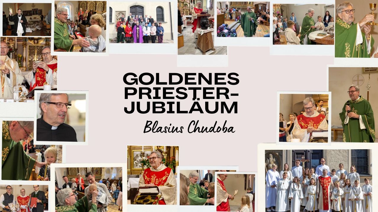 A collage of photos depicting the Golden Priest Jubilee of Blasius Chudoba, featuring clergy, religious events, and celebrations.