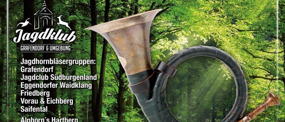 Eine Werbung für das musikalische Pirschgang-Event mit einem Jagdhorn und Musikinstrumenten, geplant für Freitag, den 8. Mai 2026.