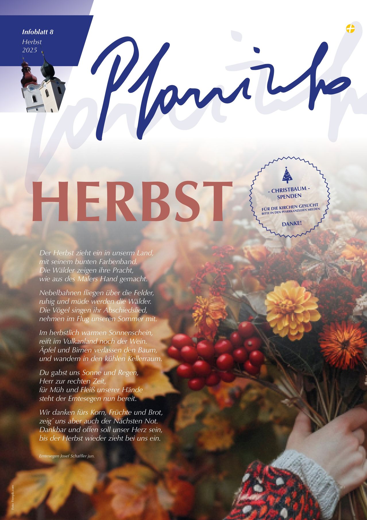 Ein Bild zeigt einen farbenfrohen Strauß Herbstblumen mit einer Kirche im Hintergrund. Der Text lautet 'Herbst' und enthält ein Gedicht über die Jahreszeit. Die Blumen sind eine Mischung aus Rot, Gelb und Orange.