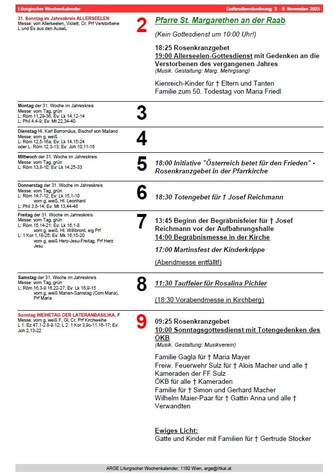 Dokument zeigt einen wöchentlichen Zeitplan für religiöse Dienste und Veranstaltungen, einschließlich Messen, Taufen und Gedenkfeiern. Der Zeitplan ist nach Tag und Uhrzeit organisiert, mit spezifischen Ereignissen wie einer Gedenkfeier für Maria Friedl und einer Taufe für Josef Reichmann. Das Dokument erwähnt auch musikalische Beiträge und spezifische Familien, die mit jedem Ereignis verbunden sind.