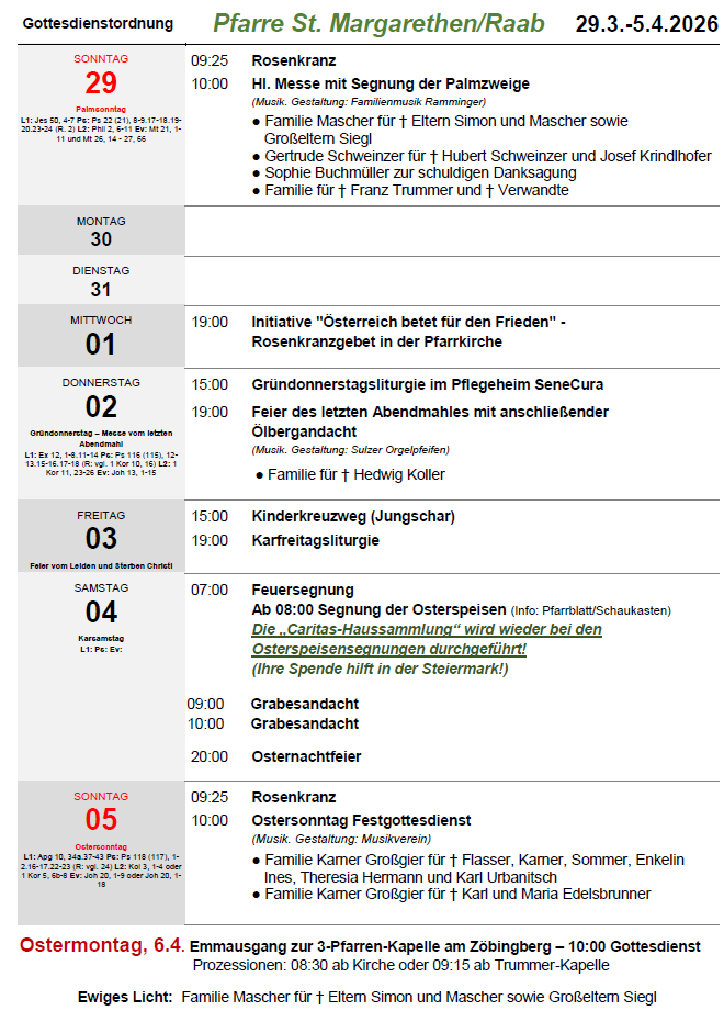 Das Bild zeigt einen wöchentlichen Zeitplan für Gottesdienste in einer Kirche. Es enthält Details wie Datum, Uhrzeit und spezifische Gottesdienste für jeden Tag.