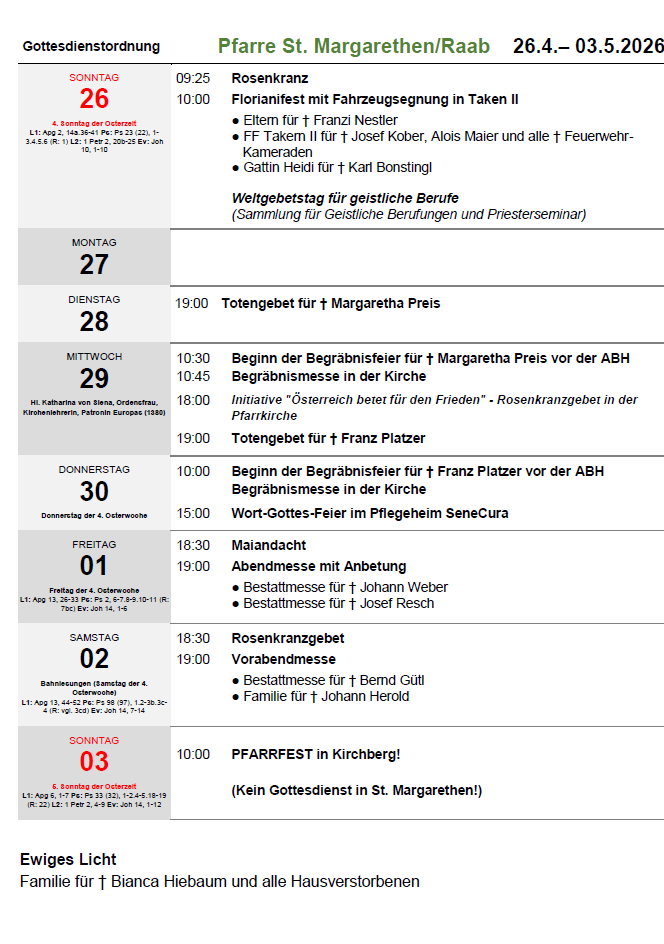 Wöchentlicher Kirchenplan. Montag 27., Dienstag 28., Mittwoch 29., Donnerstag 30., Freitag 01., Samstag 02., Sonntag 03. Zeiten umfassen Florians Segen, Beerdigungsmessen und andere Veranstaltungen.
