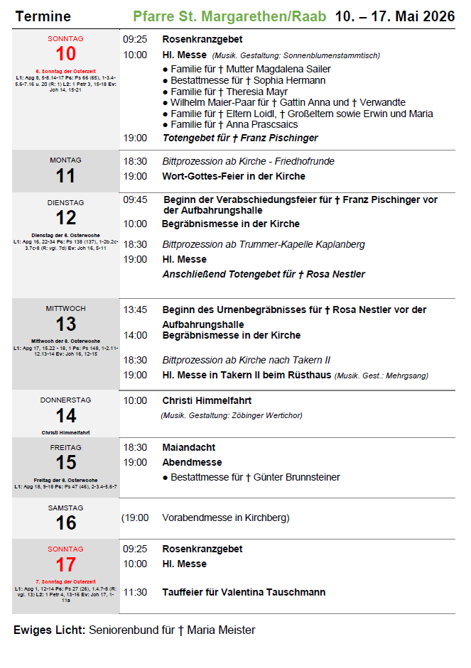 The document lists a schedule of events for the 8th Sunday of Easter, including family masses, processions, and burial services for Franz Pischingher and Rosa Nestler. The days are Monday to Sunday, with specific times for each event.