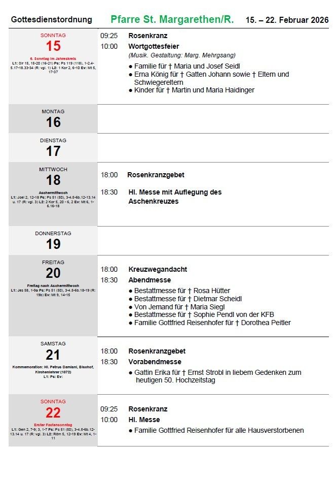The image shows a weekly church schedule with various religious services. The schedule includes names of individuals and families for whom masses are offered, along with times and dates. It includes Rosenkranzgebete, Abendmesse, and family masses.