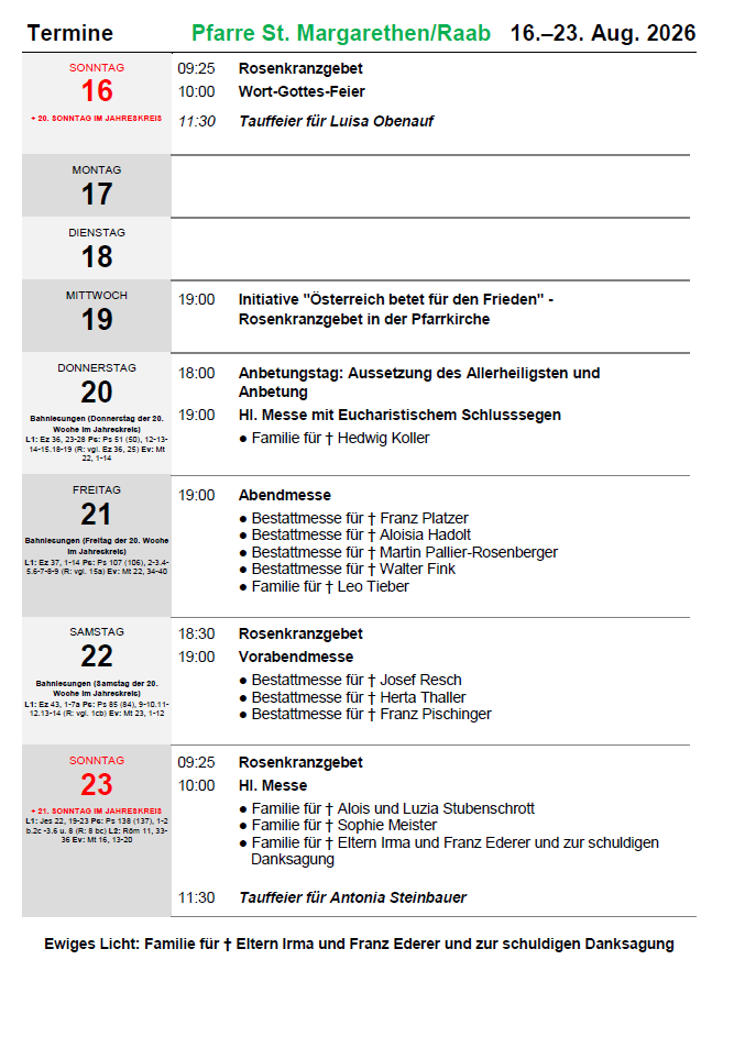 A weekly schedule of religious services and events at a church, including dates, times, and specific activities such as baptisms, masses, and family gatherings.