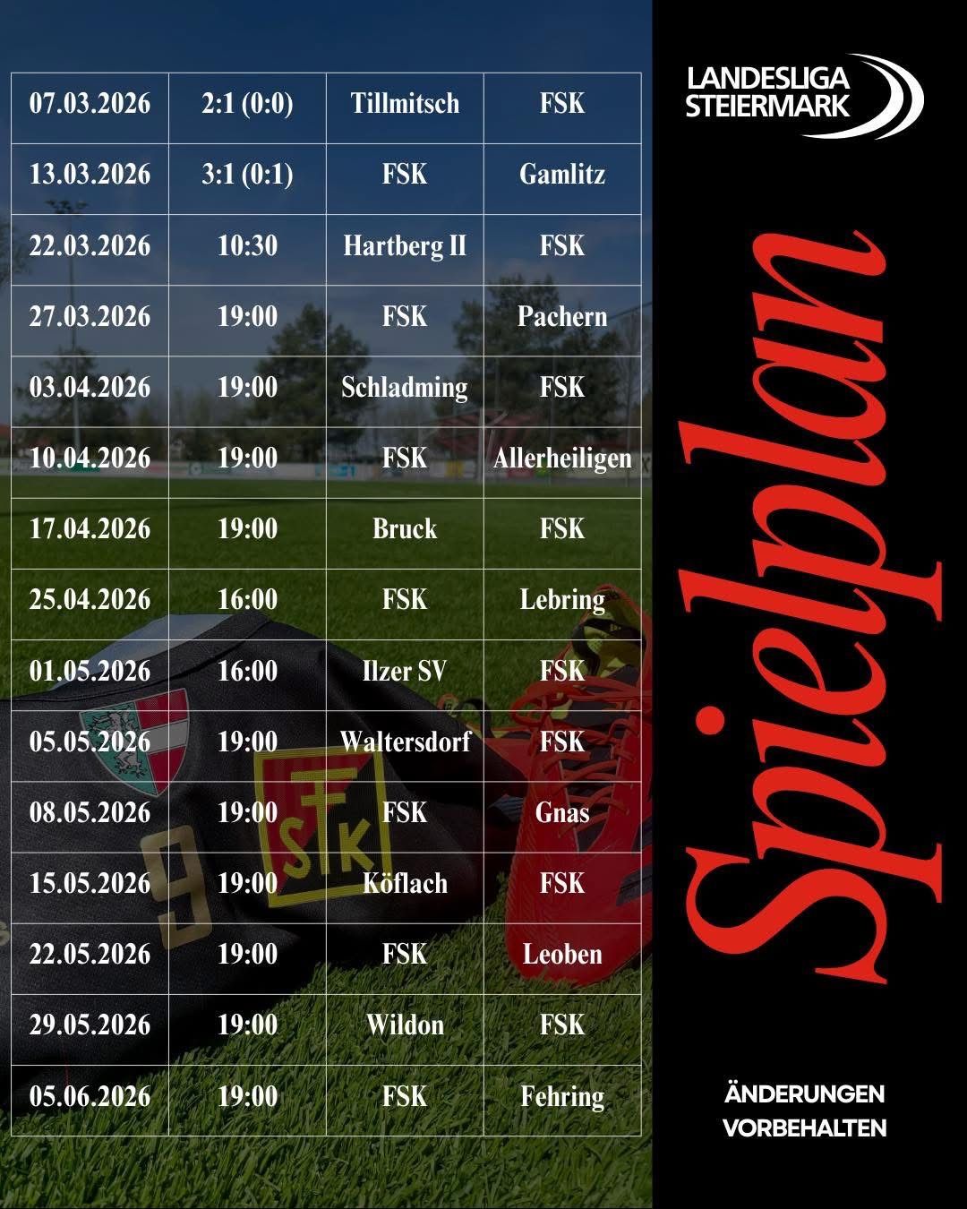 Das Bild zeigt einen Spielplan für Fußballspiele vom 13. März bis 29. Mai 2026. Jede Zeile listet Datum, Zeit, Gegner und Ergebnis auf.