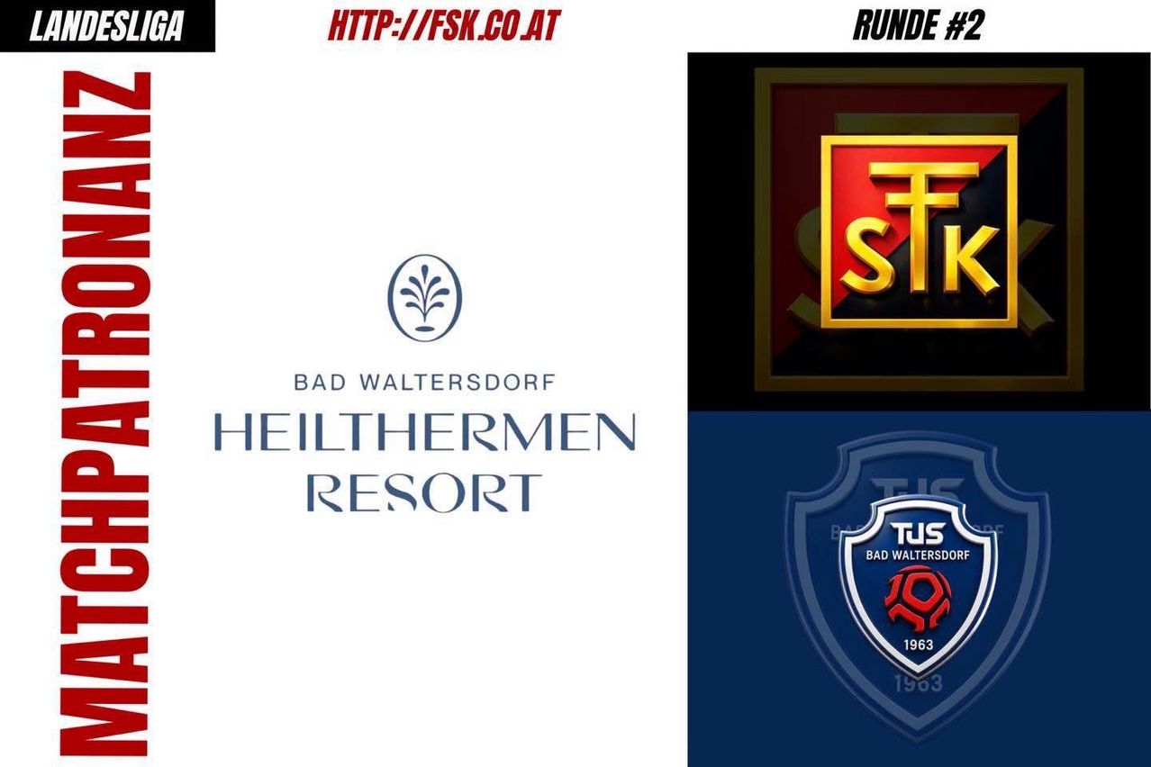 Eine Collage aus drei Bildern: das erste ist ein Logo für Bad Waltersdorf Heilthermen Resort, das zweite ist ein rotes und goldenes Logo für STK und das dritte ist ein blaues und rotes Sportteam-Logo für TUS Bad Waltersdorf.