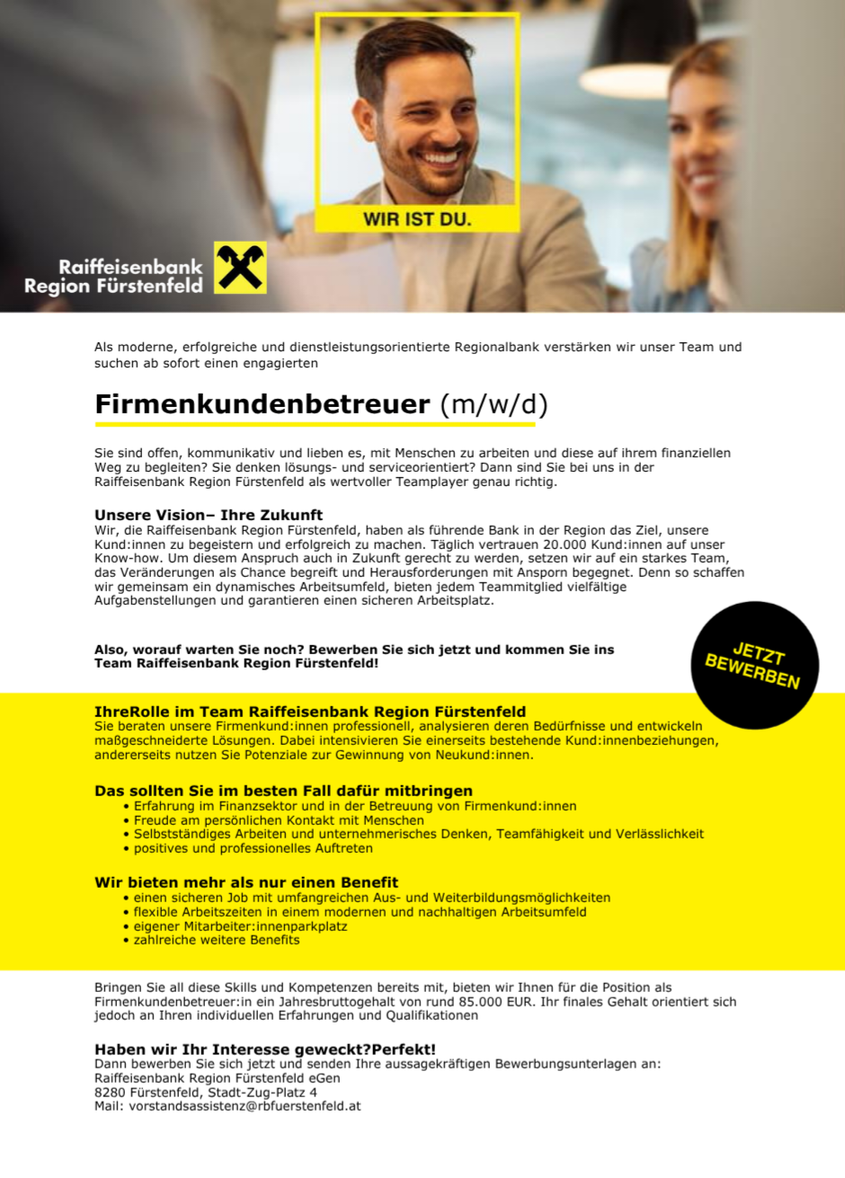 The image is a job advertisement for a Corporate Client Advisor position in a regional bank. It highlights the bank's vision, team culture, and benefits of joining the organization. It invites candidates to apply and join a team of 20,000 professionals.