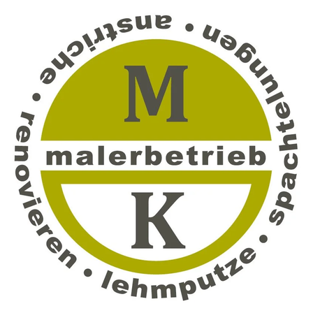 Das Logo für Malerbetrieb K, ein Malerunternehmen, zeigt die Buchstaben M und K in einem Kreis, umgeben von einem Ring mit Text in deutscher Sprache.