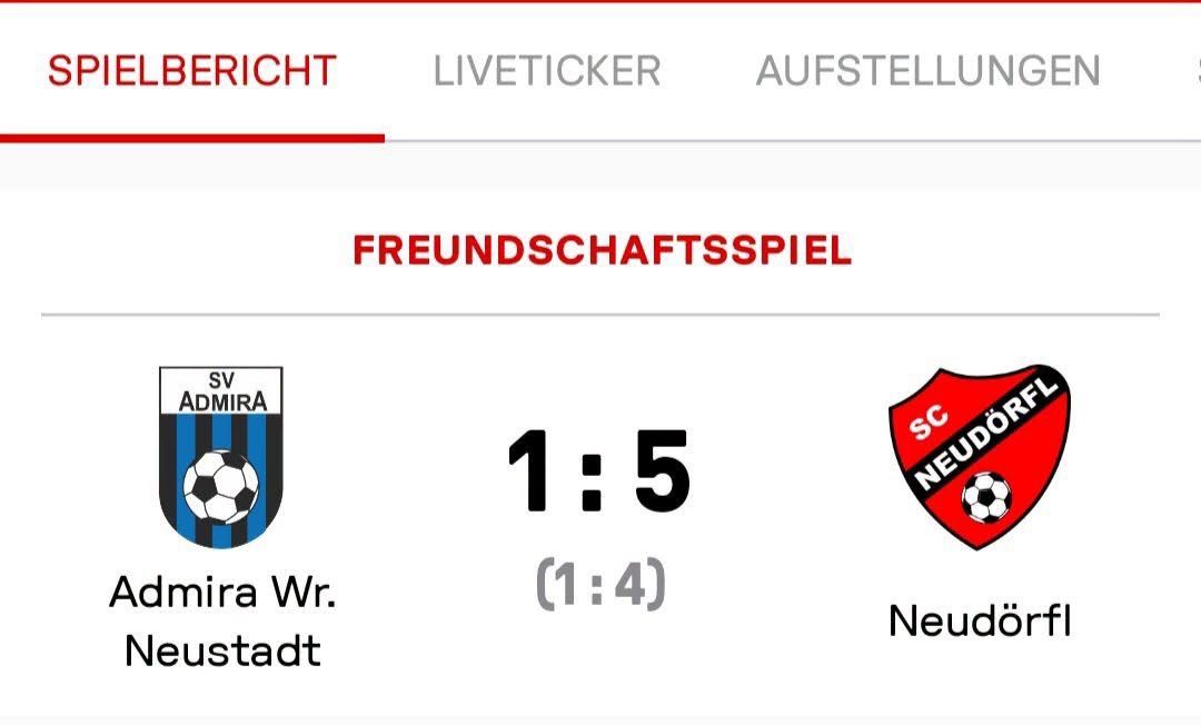 A soccer match result between SV Admira and SC Neudorf with a final score of 1-5. Admira is on the left with a blue and white logo, and Neudorf is on the right with a red and white logo.