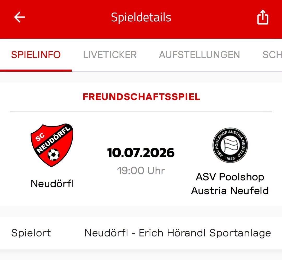 A sports event details page showing a friendly match between SC Neudorf and ASV Poolshop Austria Neufeld on July 10, 2026, at 19:00. The match will be held at Neudorf - Erich Hörandl Sportanlage.