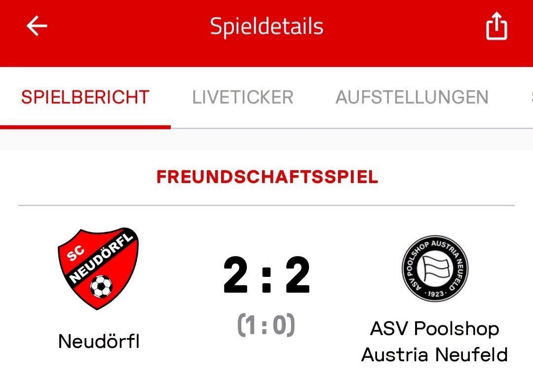 A soccer match details page shows a 2-2 draw between ASV Poolsdorf and Austria Neudorf. The score is displayed as 2:2 with a 1:0 scoreline. The page has a red and white color scheme.