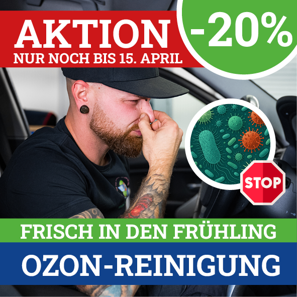 Ein Mann sitzt in einem Auto und niest. Ein roter Schild mit '-20%' steht über ihm, darunter ein grünes Schild mit 'Aktion Nur Noch Bis 15. April'. Eine grüne Illustration von Keimen und ein STOP-Schild sind ebenfalls zu sehen.