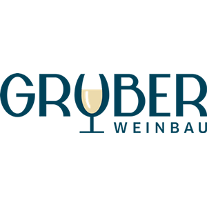Das Logo für Gruber Weinbau mit blauem Text und einem Weinglas mit Wein.