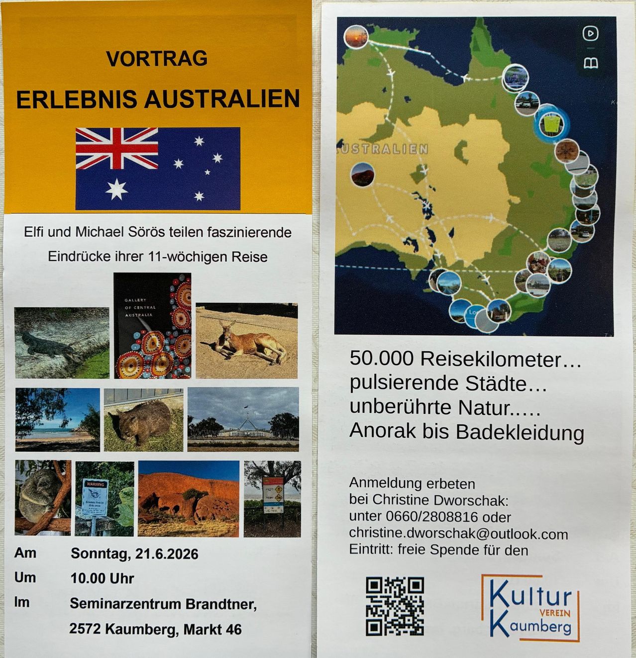 Werbeplakat für einen Vortrag über Australien-Erlebnisse. Die Redner Elfi und Michael teilen ihre Eindrücke aus einer 11-wöchigen Reise. Eine Karte Australiens mit Reiserouten, Fotos und Details. Die Veranstaltung ist kostenlos.