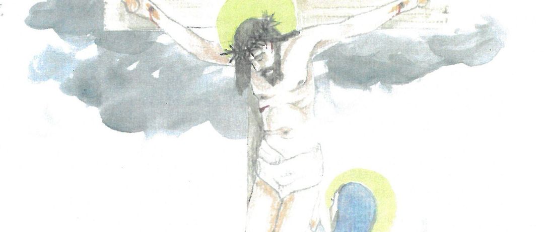 Eine Aquarellzeichnung zeigt Jesus am Kreuz mit einem Heiligenschein, Maria Magdalena und eine weitere Figur knien an seiner Basis.