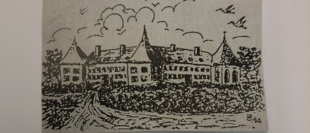 A black-and-white drawing of a house with several chimneys and birds flying above.