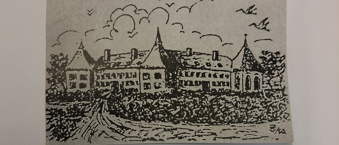 A black-and-white drawing of a house with several chimneys and birds flying above.