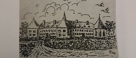 A sketch of a house with chimneys, a road, and trees. Birds are flying above. The drawing is on a white surface.