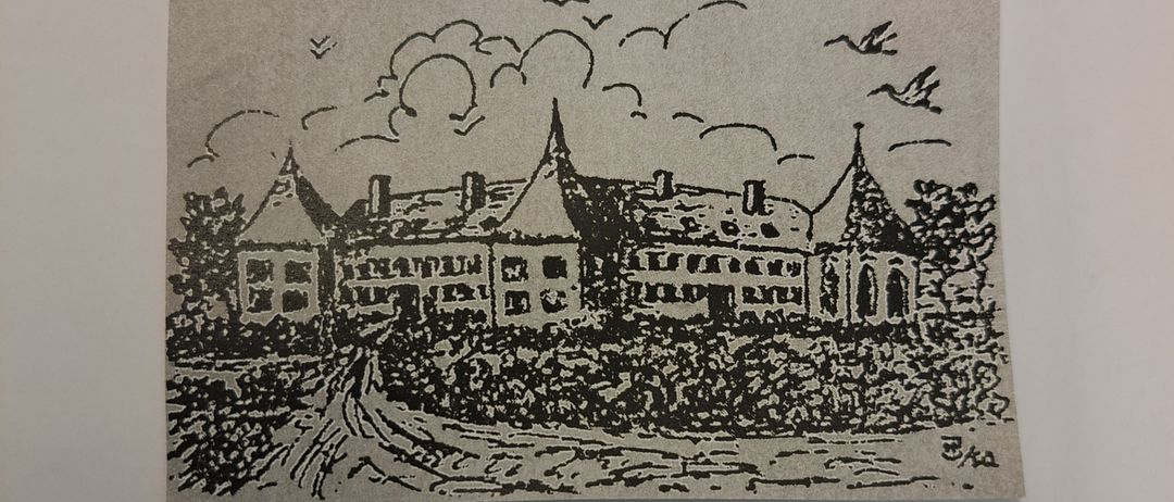 A sketch of a house with chimneys, a road, and trees. Birds are flying above. The drawing is on a white surface.
