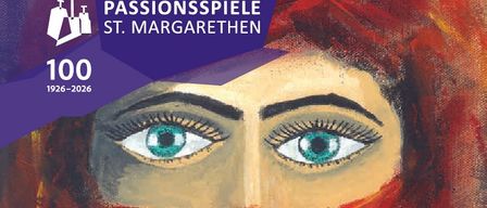 A painting of a woman with red hair and blue eyes wearing a red scarf. The words 'Passionspiele St. Margarethen' are written above her face.