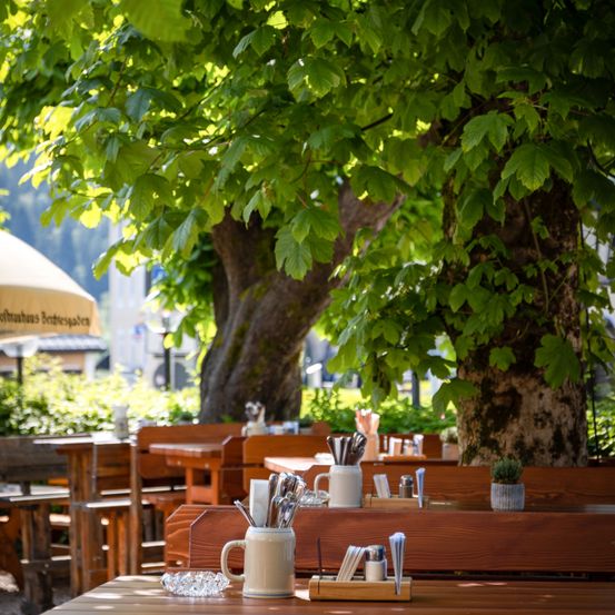 Ein Gasthof im Freien mit Holztischen und Bänken unter einem großen Baum. Die Tische sind mit Besteck und einem Topf bepflanzt.