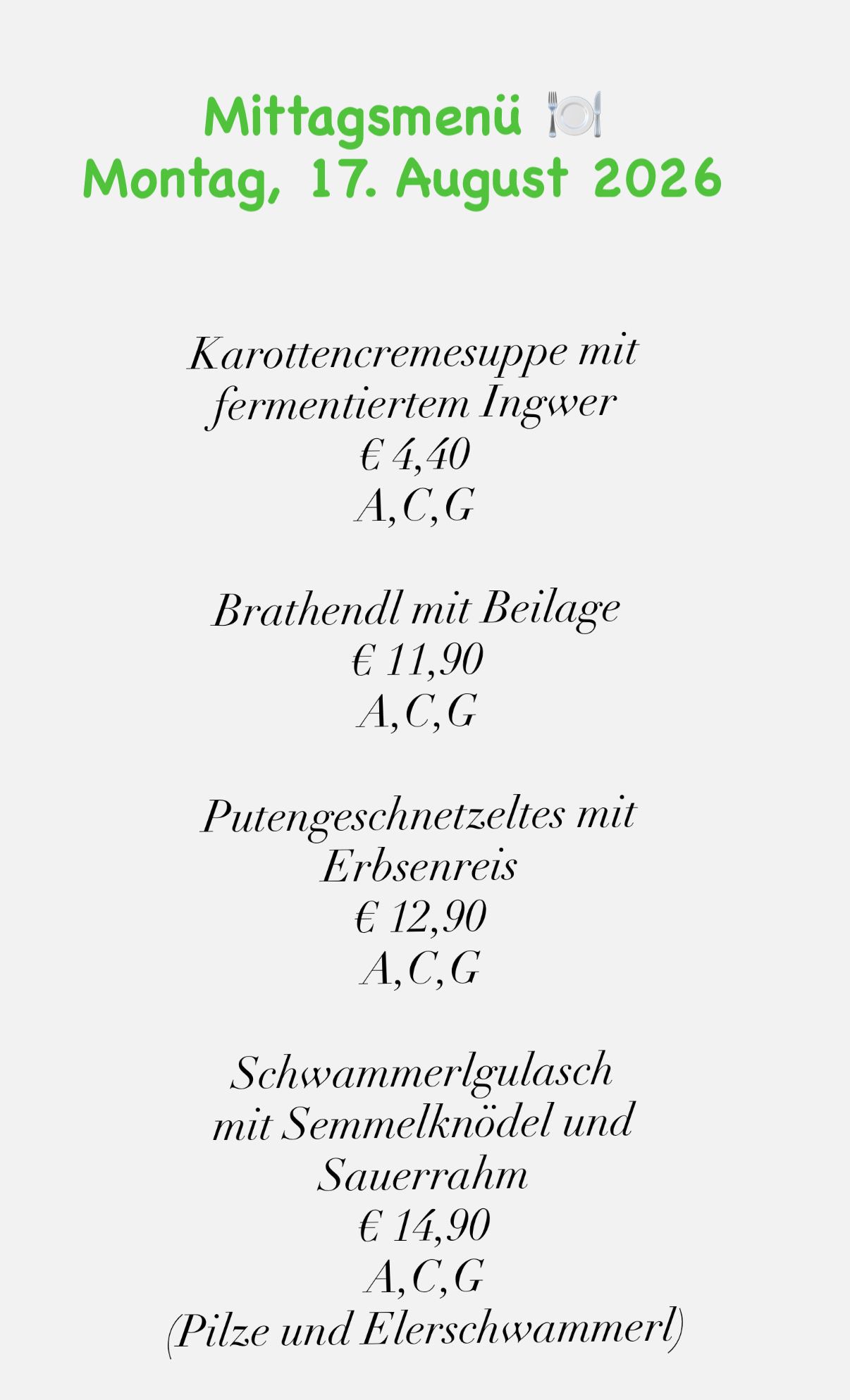 A menu with prices for various dishes, including carrot cream soup, bread roll, bean puree, and mushroom goulash.