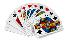 Eine Sammlung von Spielkarten wird auf schwarzem Hintergrund gezeigt. Die Karten umfassen Herzen, Kreuze, Karos und Pik, zusammen mit Bildkarten wie dem König von Pik.