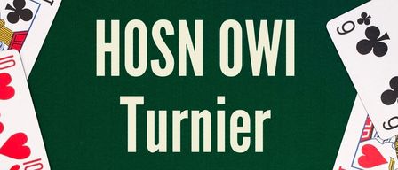 A green poster with a card deck theme. It says 'Turnier 21. Feb. 2026'. Entry fee is 15 euros. Cards are provided for members, free for everyone else. The event begins at 14:00.