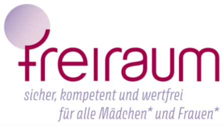 The 'Freiraum' logo features the word 'Freiraum' in bold purple letters, accompanied by a tagline that reads 'safe, competent, and free of charge for all girls* and women*'.