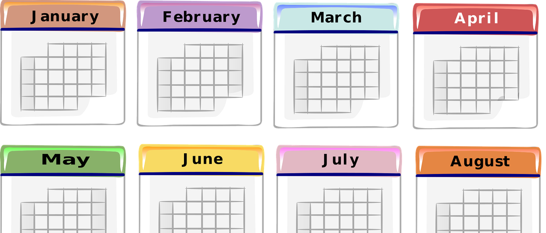 Ein Kalender mit jedem Monat beschriftet und einer leeren Raster für jeden Monat. Jeder Monat hat eine andere Hintergrundfarbe.