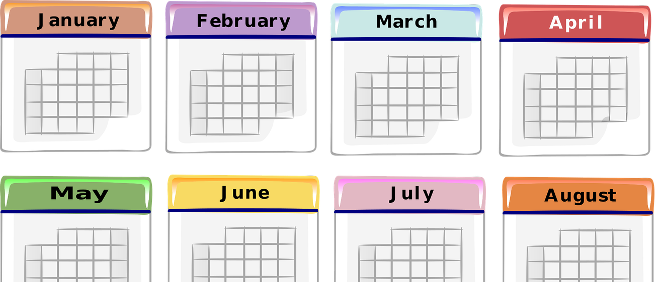 Ein Kalender mit jedem Monat beschriftet und einer leeren Raster für jeden Monat. Jeder Monat hat eine andere Hintergrundfarbe.