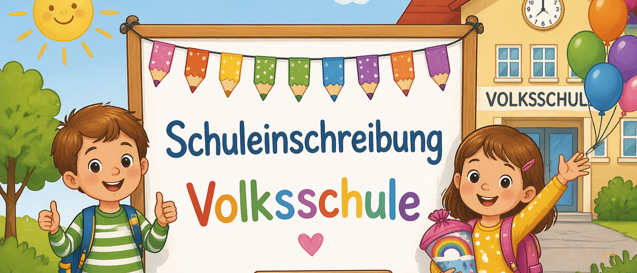Zwei Kinder stehen vor einer Tafel mit den Worten Schuleingang Volksschule. Sie haben Rucksäcke und Bücher. Ein Mädchen hält einen Kegel. Das Klassenzimmer hat eine Uhr und eine Fahne.