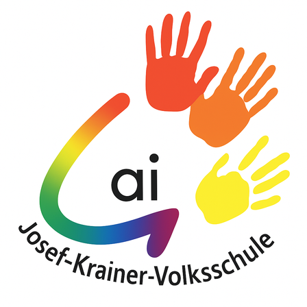 Das Logo zeigt den Text 'ai' mit farbenfrohen Handabdrücken darum herum. Darunter steht der Name 'Josef-Krainer-Volksschule'. Die Hände sind in Rot, Orange und Gelb gehalten.