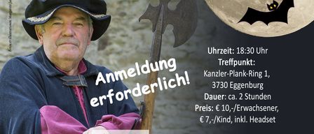 Plakat für geführte Touren mit dem Nachtwächter in Eggenburg. Beinhaltet Details zu Zeit, Treffpunkt, Dauer und Kosten. Zeigt einen Mann in historischer Kleidung.