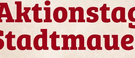 Eine Frau mit roten Haaren in einem roten Kleid steht vor einer alten Steinmauer. Darunter steht der Text 'Aktionstag Stadtmauer'.