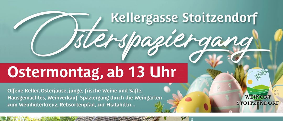 Ostermontag, ab 13 Uhr. Offene Keller, Osterjause, junge, frische Weine und Säfte, Hausgemachtes, Weinverkauf, Spaziergang durch die Weingärten zum Weinhütterkreuz, Rebensortenpfad, zur Hiatahittn.