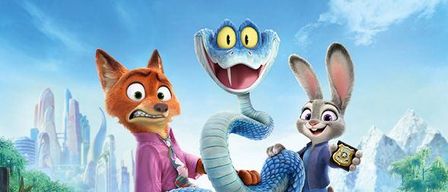 Poster für den animierten Film Zoomania 2, mit einem Fuchs und einem Hasen, die auf einer Schlange reiten und verschiedene Tiere in einem Gewässer schwimmen.