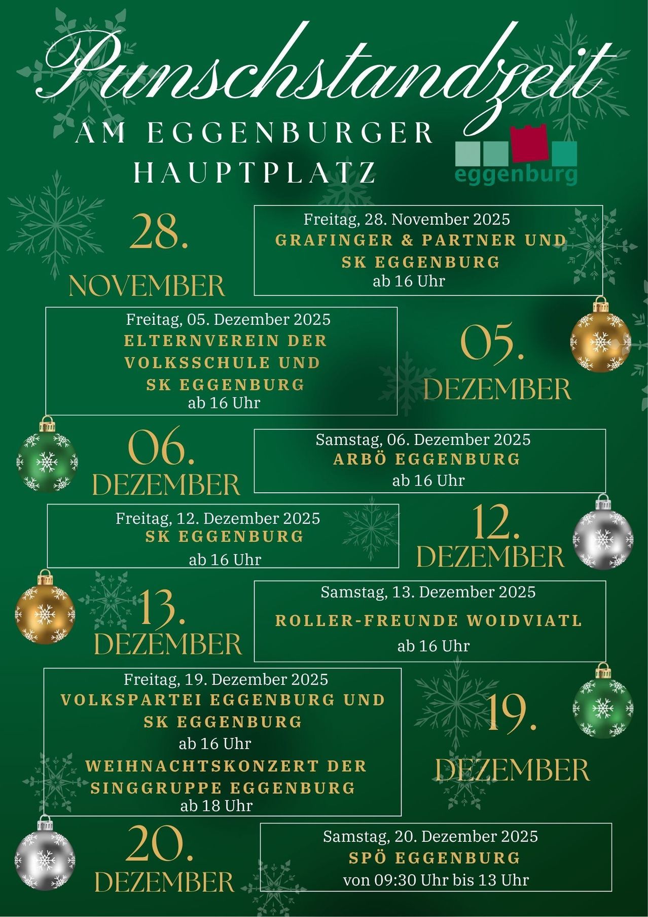 Plakat mit Terminen und Veranstaltungen auf dem Hauptplatz von Eggenburg. Veranstaltungen beinhalten Grafinger & Partner am 28. November, Elternverein am 5. Dezember, Arbo am 6. Dezember, SK Eggenburg am 12. Dezember, Roller-Freunde am 13. Dezember und Volkspartei am 19. Dezember.